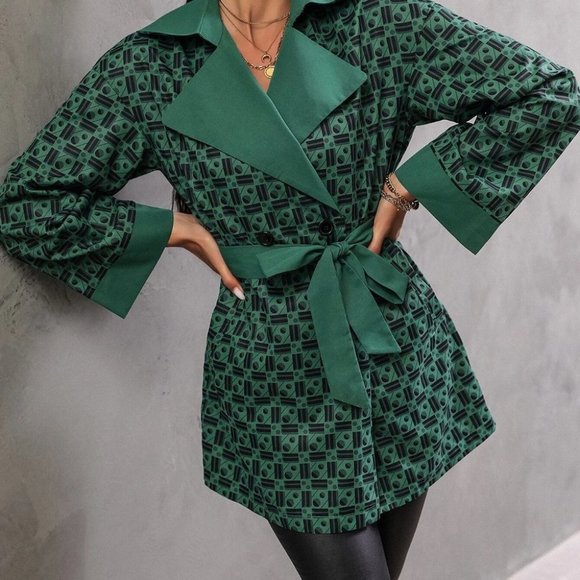contemporary geo print green black belted mini trench coat minimalist - Picture 2 of 7